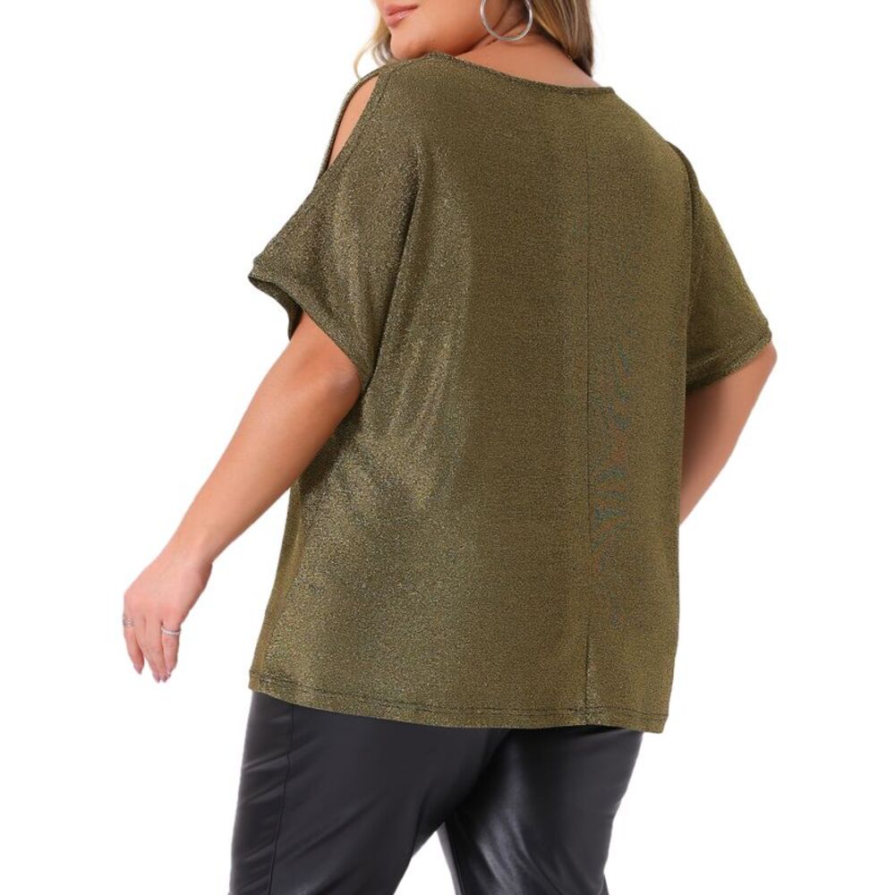 Plus Size Cold Shoulder Short Sleeve Glitter Party Night Blouse Gold - Picture 4 of 7